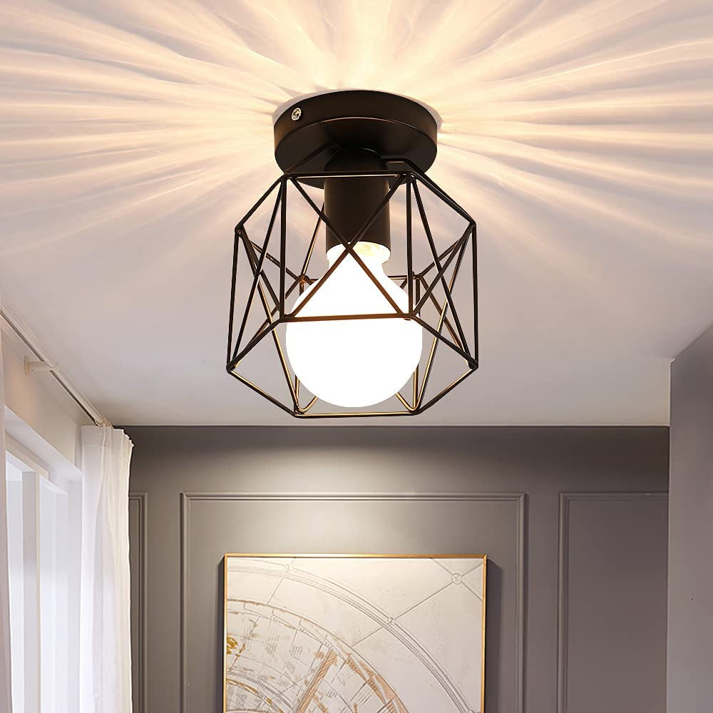 Vintage Hallway Ceiling Light E27 Edison Industrial Ceiling Light Max 40W Black Metal Semi Flush Mount Ceiling Light for Hallway Kitchen Hotel Restaurant Bar (Bulb No Included)