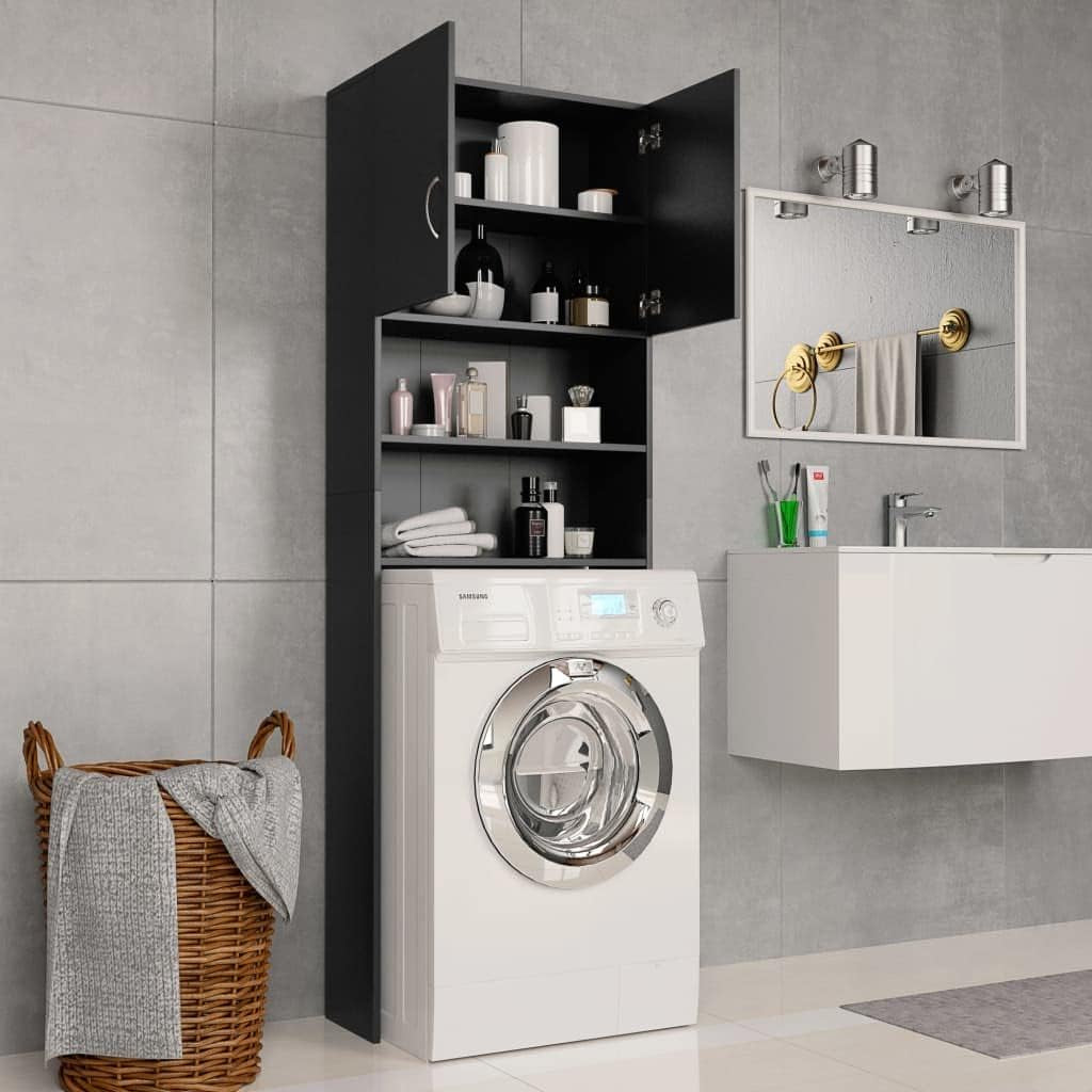 Washing Machine Cabinet Indoor Compartment Bathroom Shelf Storage Rack Utility Space Saving Home Organiser Black Engineered Wood