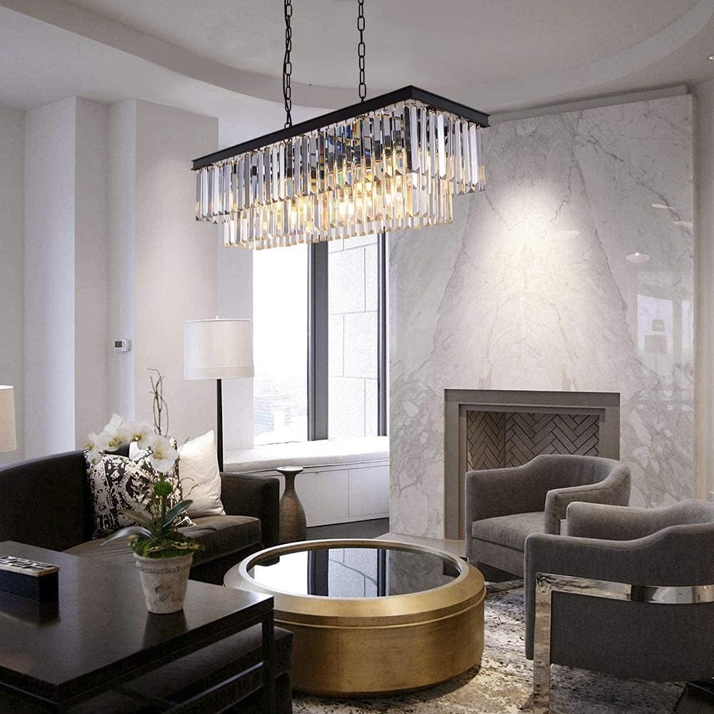 Modern Crystal Chandelier 8 Lights Black Ceiling Light L86Xw35Cm Luxury Crystal Pendant Lights Fixture 3 Colors Island Light Linear Chandeliers for Dining Room Living Room Kitchen Bulbs Included