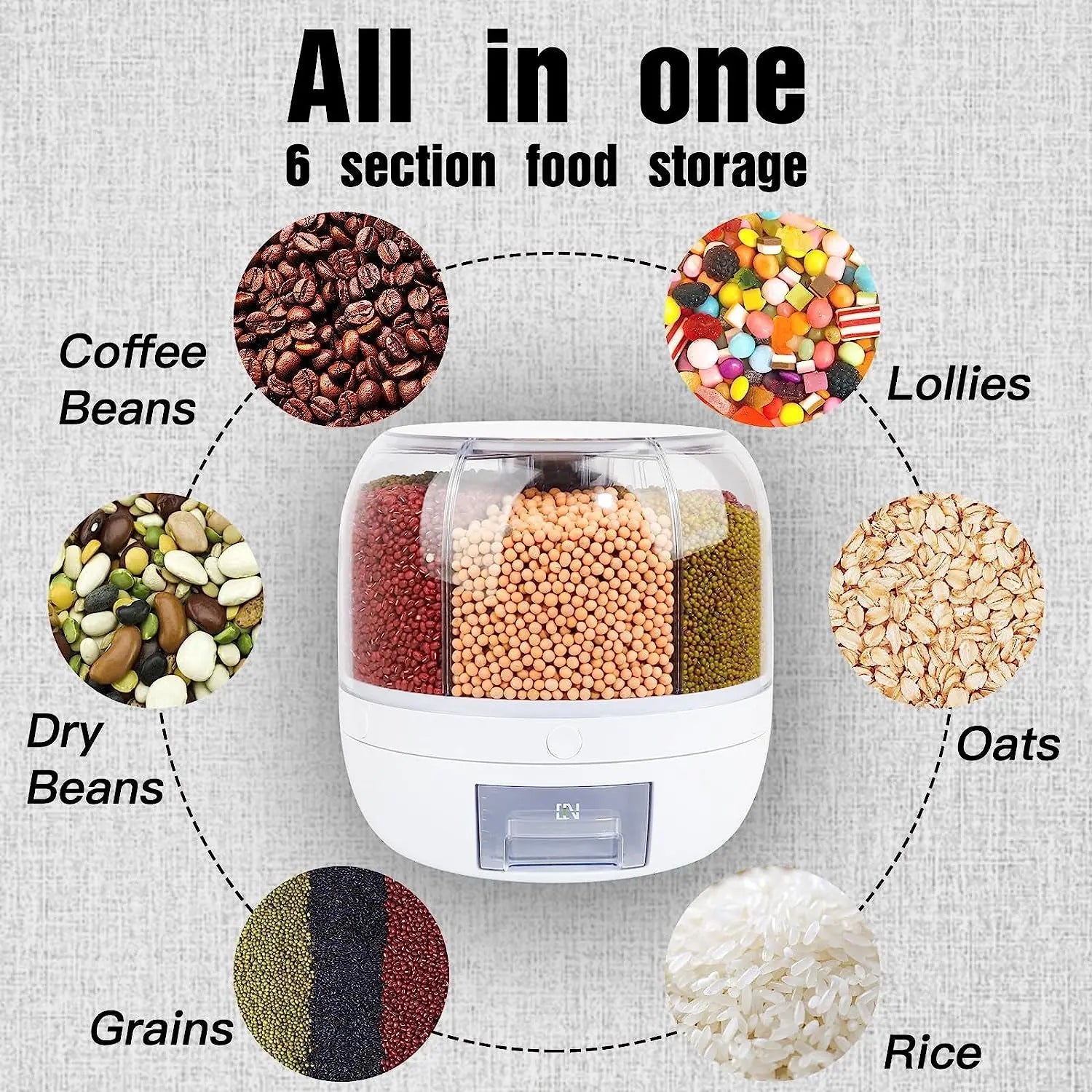 Gingersun 6In1 Rotating Grain Dispenser, 6 Compartment 360° Rotating Rice Storage Cereal Container Box Kitchen Food Divided Case with Measure Cup, 8KG Capacity