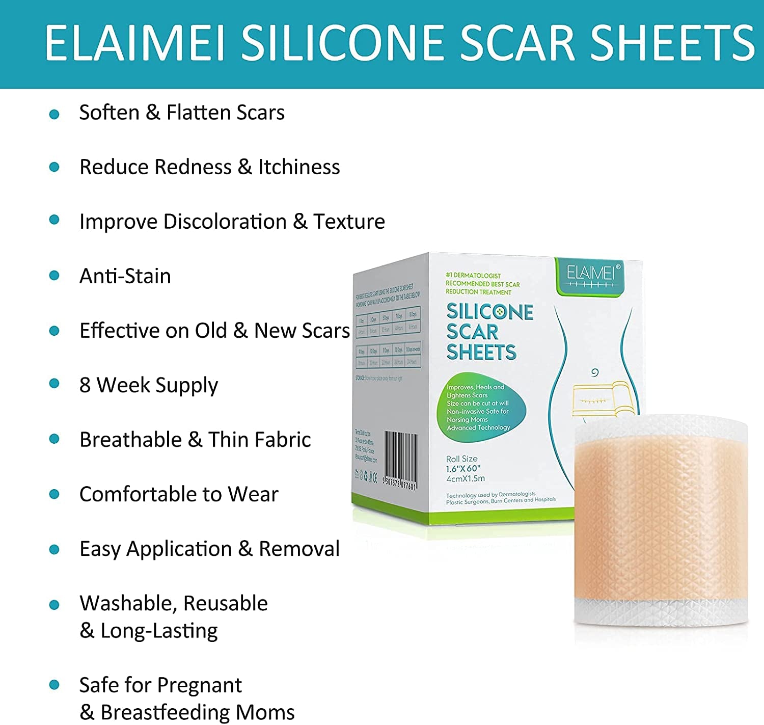 Silicone Scar Sheets,Scar Removal,Silicone Scar Tape Roll for C-Section,Professional Painless Silicone Keloid Scars from Surgery, Burn, Acne Et (1.6” X 60”Roll-1.5M)