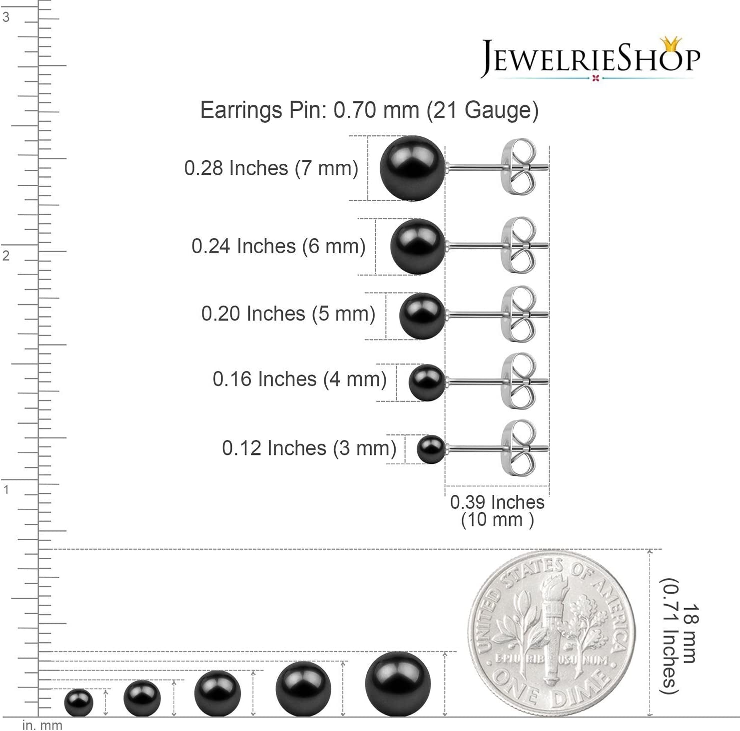 5 Pairs Assorted Sizes Wholesale Lot Shiny Imitation Pearl round Ball Stud Earrings,Stainless Steel Earrings Pin, Hypoallergenic