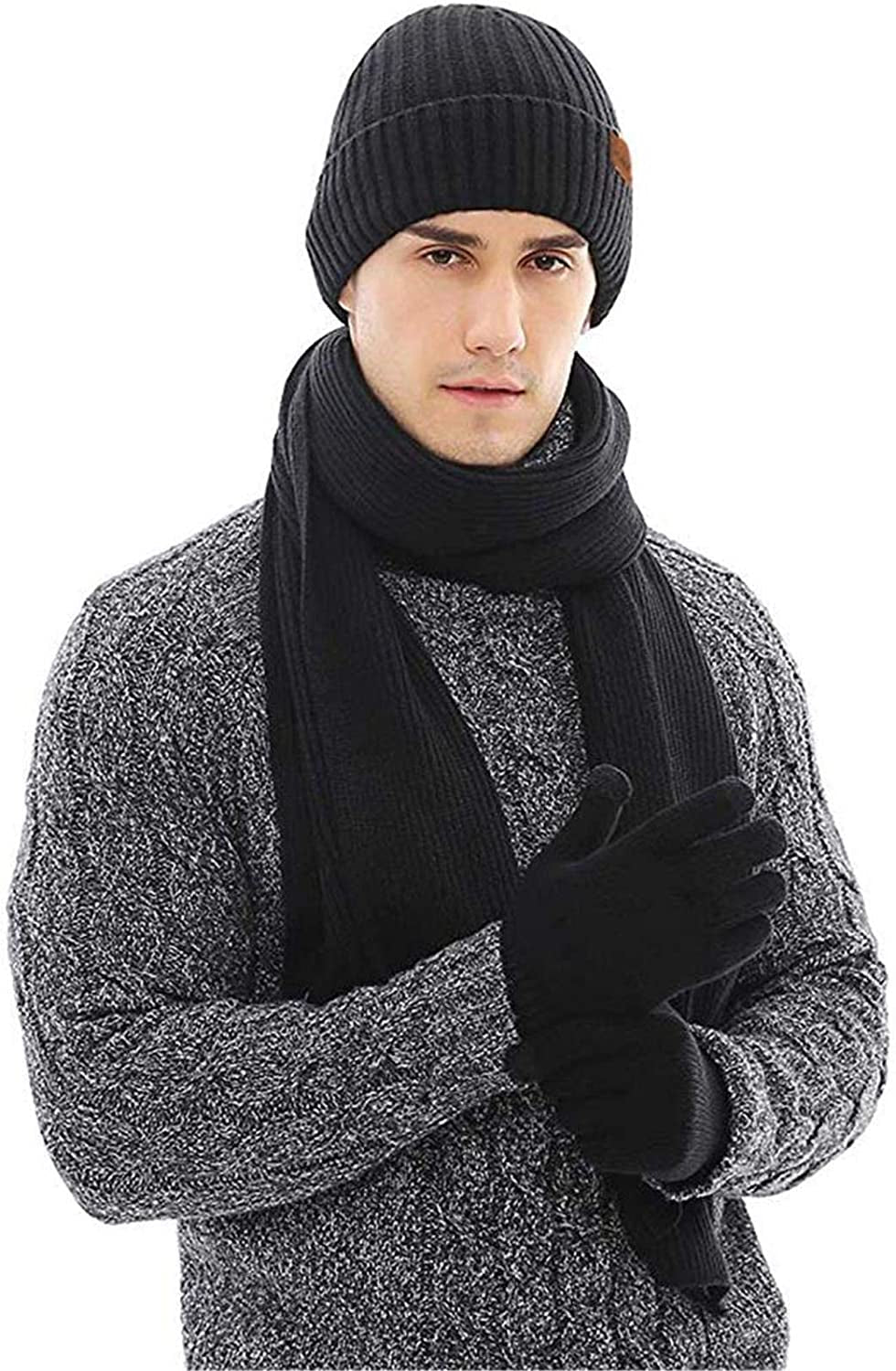3 Pieces Winter Beanie Hat Scarf Touchscreen Gloves Set for Men&Women Warm Fleece Lining Knit Hat Scarves Slouchy Beanie