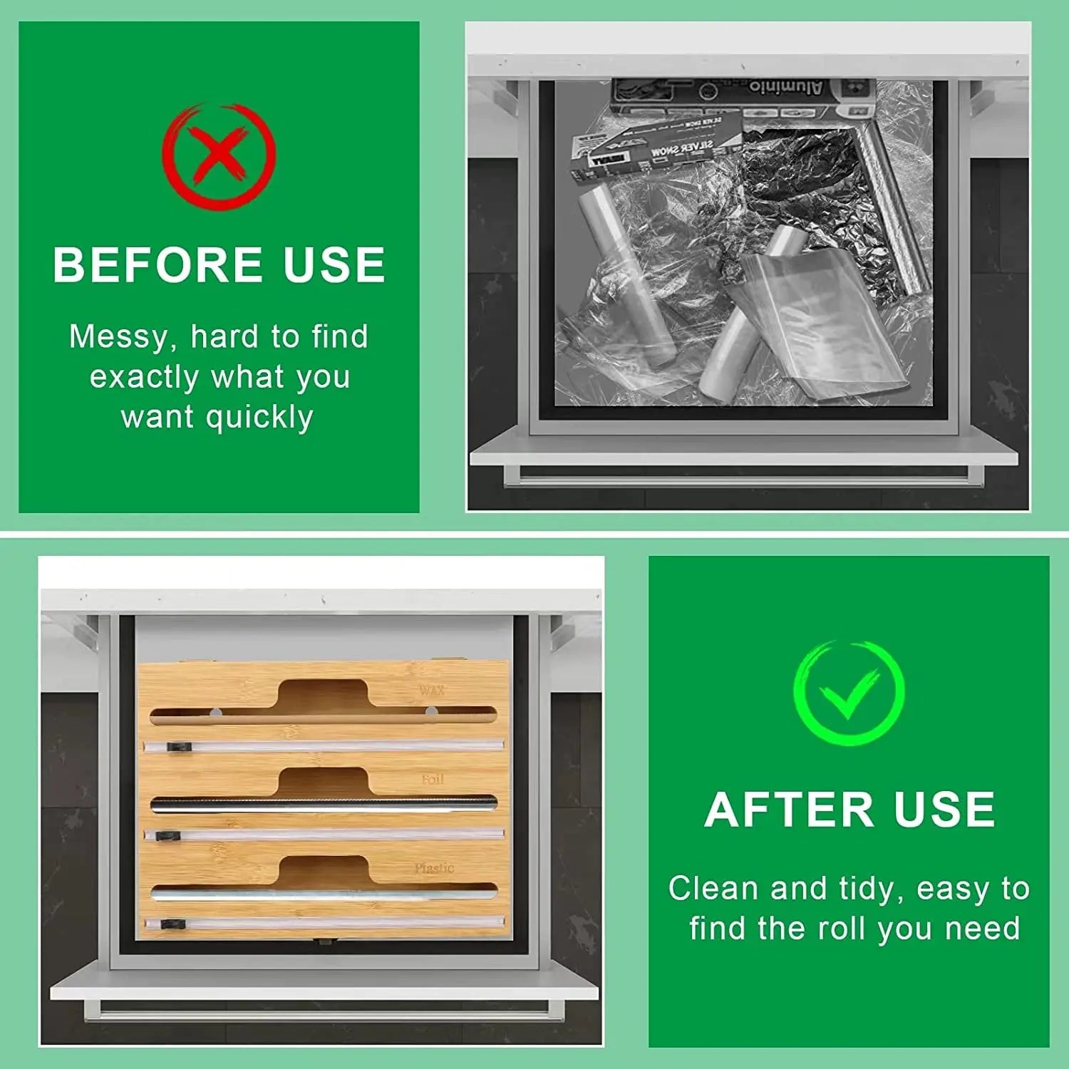 3 in 1 Plastic Wrap Dispenser with Slide Cutter，Aluminum Foil, Wax and Plastic Wrap Dispenser Organizer