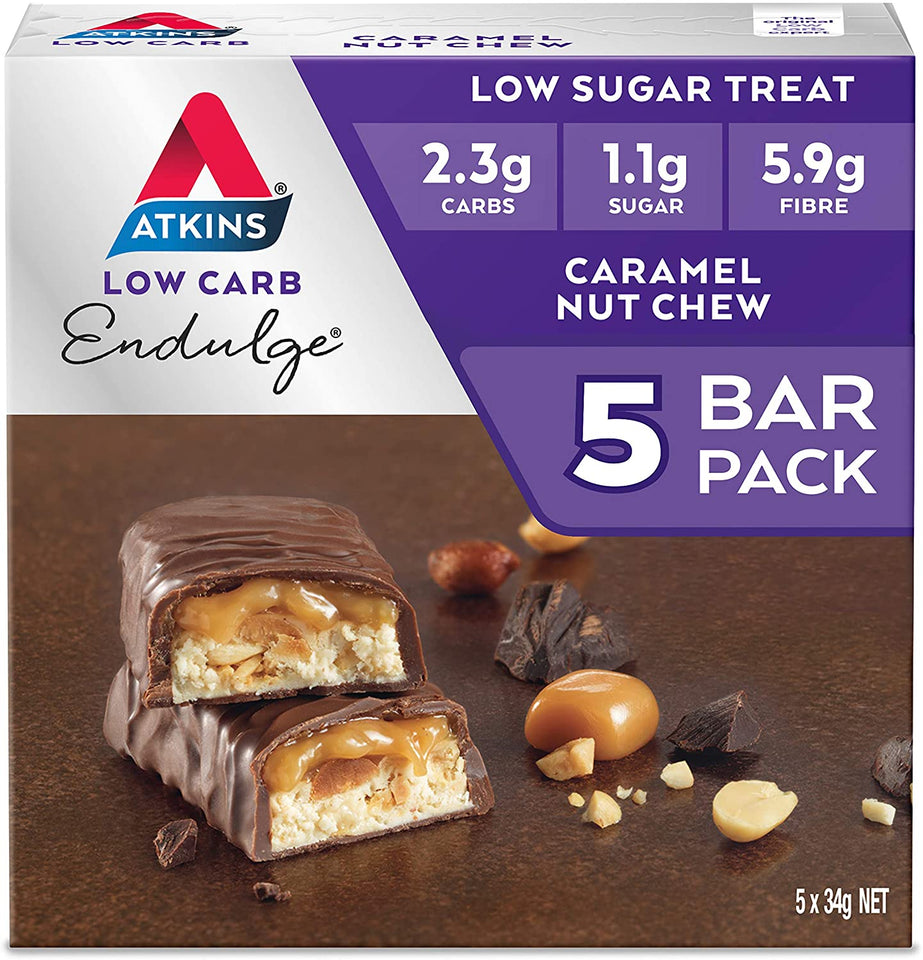 Endulge Caramel Nut Chew Bars | Keto Friendly Bars | 5 X 34G Low Carb Caramel Chocolate Bars | Low Carb, Low Sugar, High Fibre | 5 Bar Pack