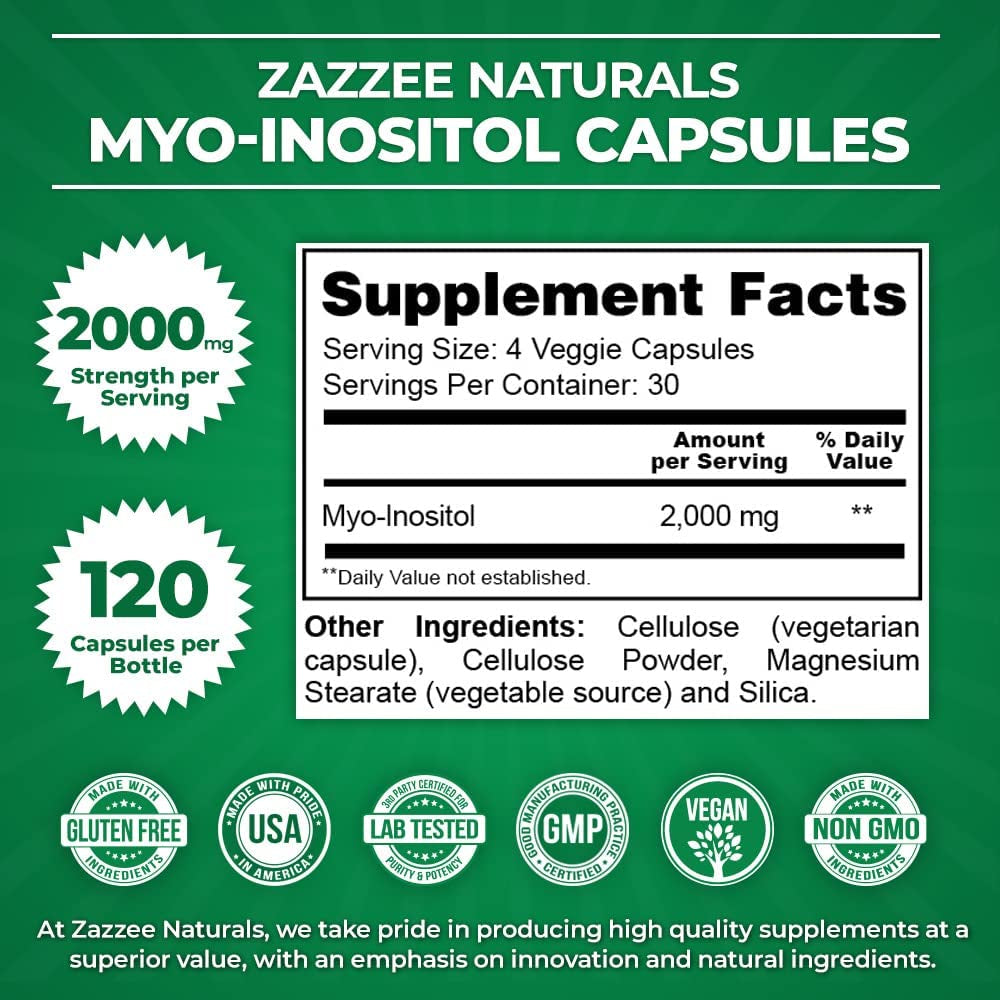 Myo-Inositol 120 Veggie Capsules, 2000 Mg per Serving, 100% Pure, Pharmaceutical Grade, Vegan, Non-Gmo and All Natural