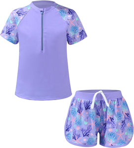 Kids Girls Swimsuit Sleeve Rash Guard Shirt with Short Surfing Suit Wetsuit Swimwear