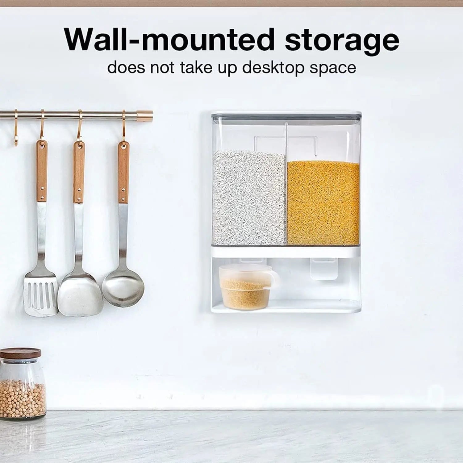 Rice Dispenser, Laundry Detergent Dispenser, Wall-Mounted Dry Food Storage Kitchen Organization, Rice Container with 1 Measuring Cups, Suitable for Rice, Beans, Laundry Scent Beads(1 Measuring Cups)