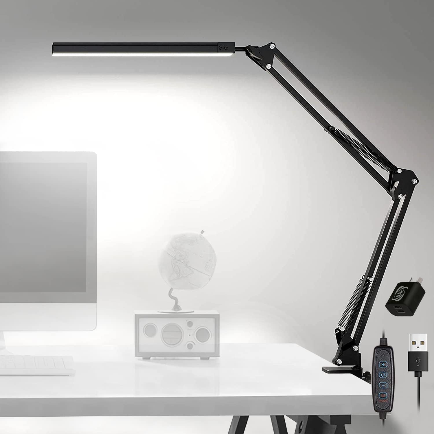 LED Desk Lamp with Clamp, Eye-Caring Clip-On Reading Lamp, with 3 Color Modes 10 Brightness Levels Swing Arm Lamp, Dimmable USB Office Light, Daylight Lamp for Desk Accessories, Work Bench, Architect (Black)
