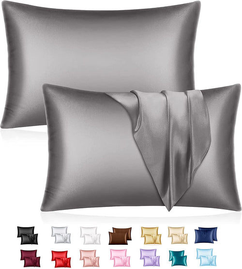 Mulberry Satin Silk Pillowcase for Hair and Skin - Soft Breathable Smooth Both Sided Silk Pillow Cover Pair - Standard Size 50X75Cm, Gray