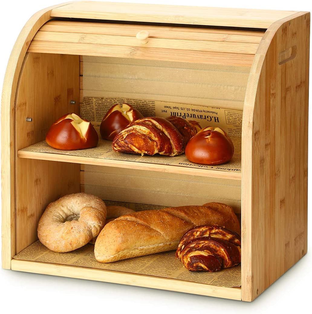 Bread Box, 2 Layer Bamboo Bread Boxes for Kitchen Food Storage, Large Capacity Bread Keeper Roll Top with Removable Layer, 15" X 9.8" X 14.2", 15 Mm Thickness (Self-Assembly)