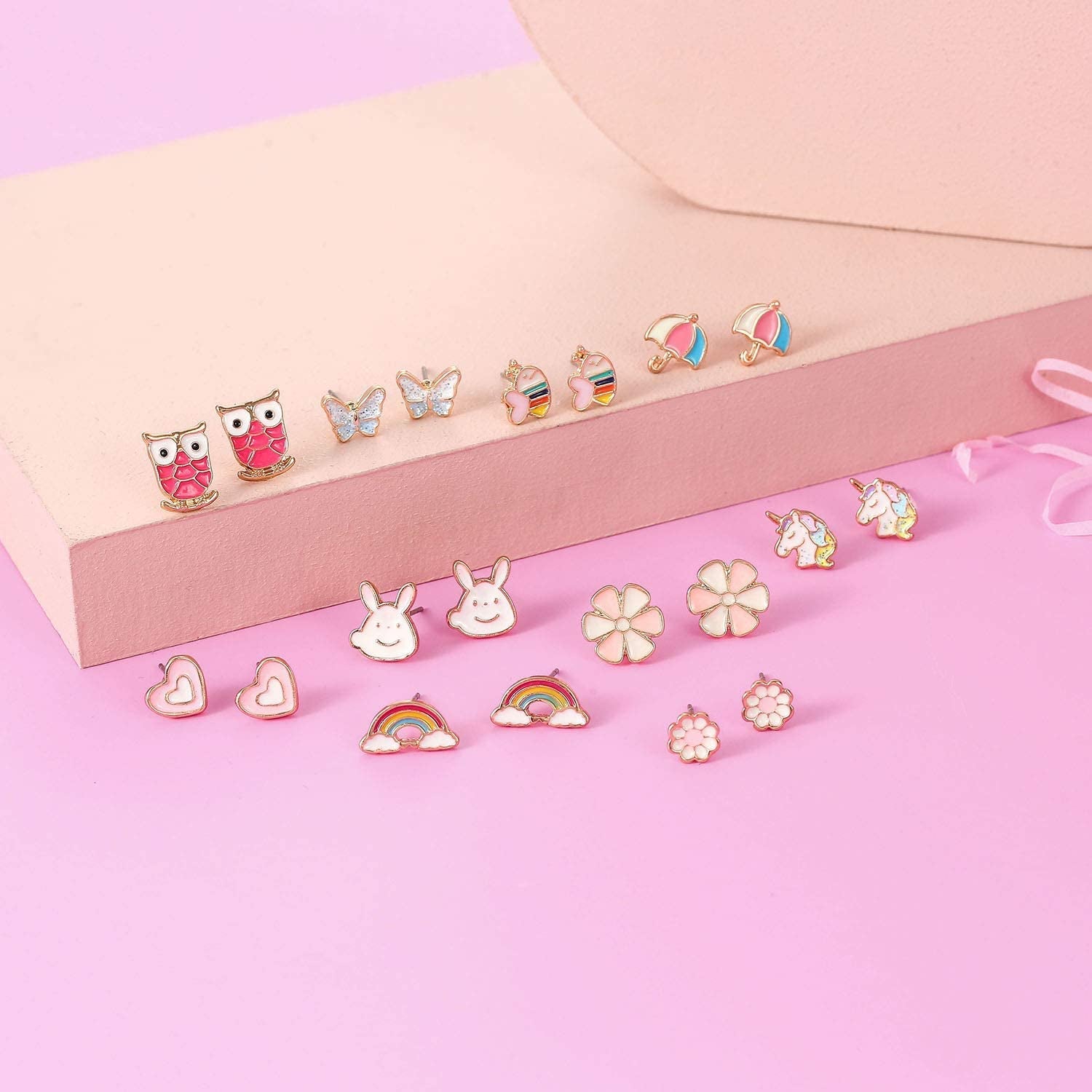 24 Pairs Hypoallergenic Earrings Set for Girls Teens Kids Stainless Steel Stud Earrings Set Animal Butterfly Rainbow Star Unicorn Cute Earring Jewelry Gifts for Girls Kids Women