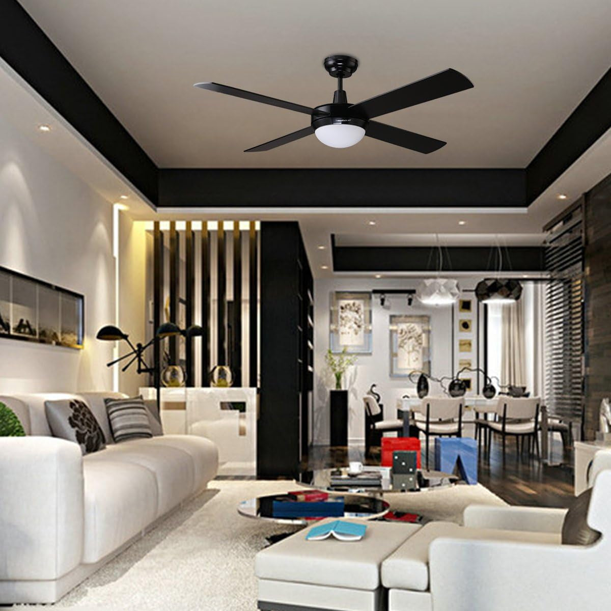 Morden Black Ceiling Fans with LED Light Kit and Remote, DC Motor 4 Reversible Blades 6 Speed, SAA Certificate- 52" (1320Mm)