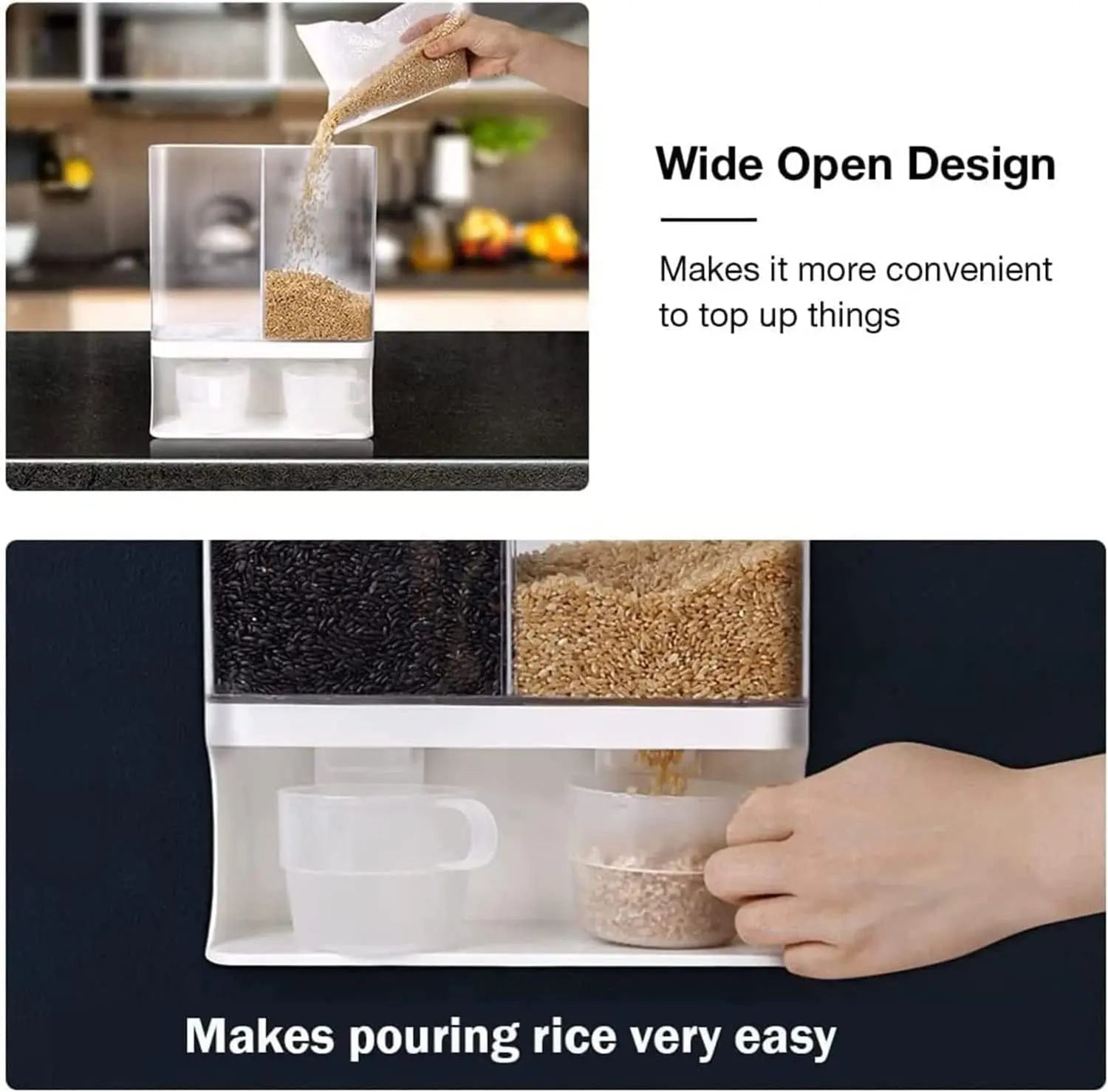 Rice Dispenser, Laundry Detergent Dispenser, Wall-Mounted Dry Food Storage Kitchen Organization, Rice Container with 1 Measuring Cups, Suitable for Rice, Beans, Laundry Scent Beads(1 Measuring Cups)