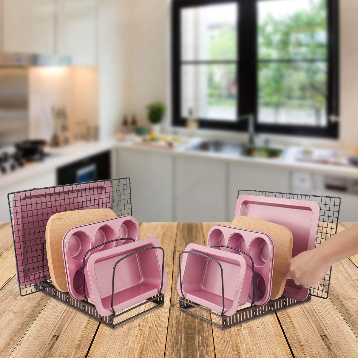 Adjustable Bakeware Rack, 10 Adjustable Compartments, for Pantry or Cabinet, Brown