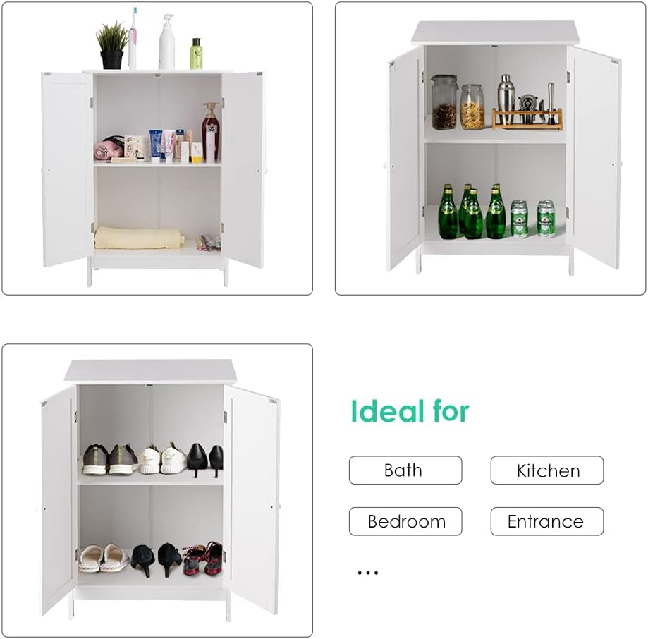 Bathroom Floor Cabinet W/Double Doors, Floor Storage Cabinet W/Shelf, Free Standing Toilet Storage Unit, Laundry Cupboard, Entryway Utility Organizer Cabinet for Bathroom, Kitchen (White)