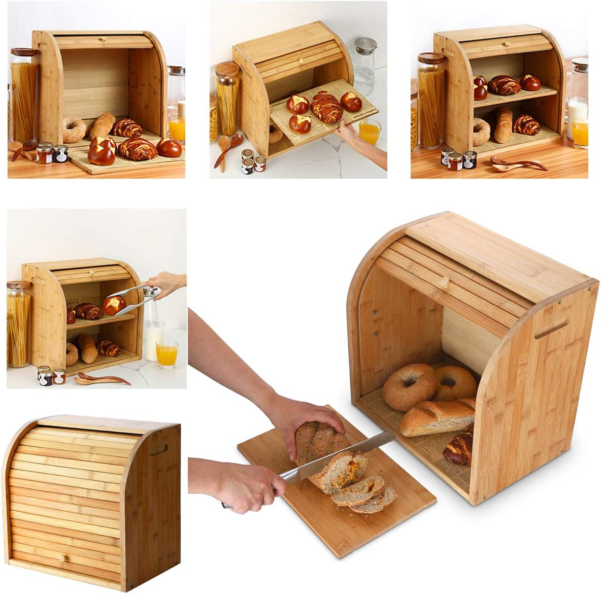 Bread Box, 2 Layer Bamboo Bread Boxes for Kitchen Food Storage, Large Capacity Bread Keeper Roll Top with Removable Layer, 15" X 9.8" X 14.2", 15 Mm Thickness (Self-Assembly)