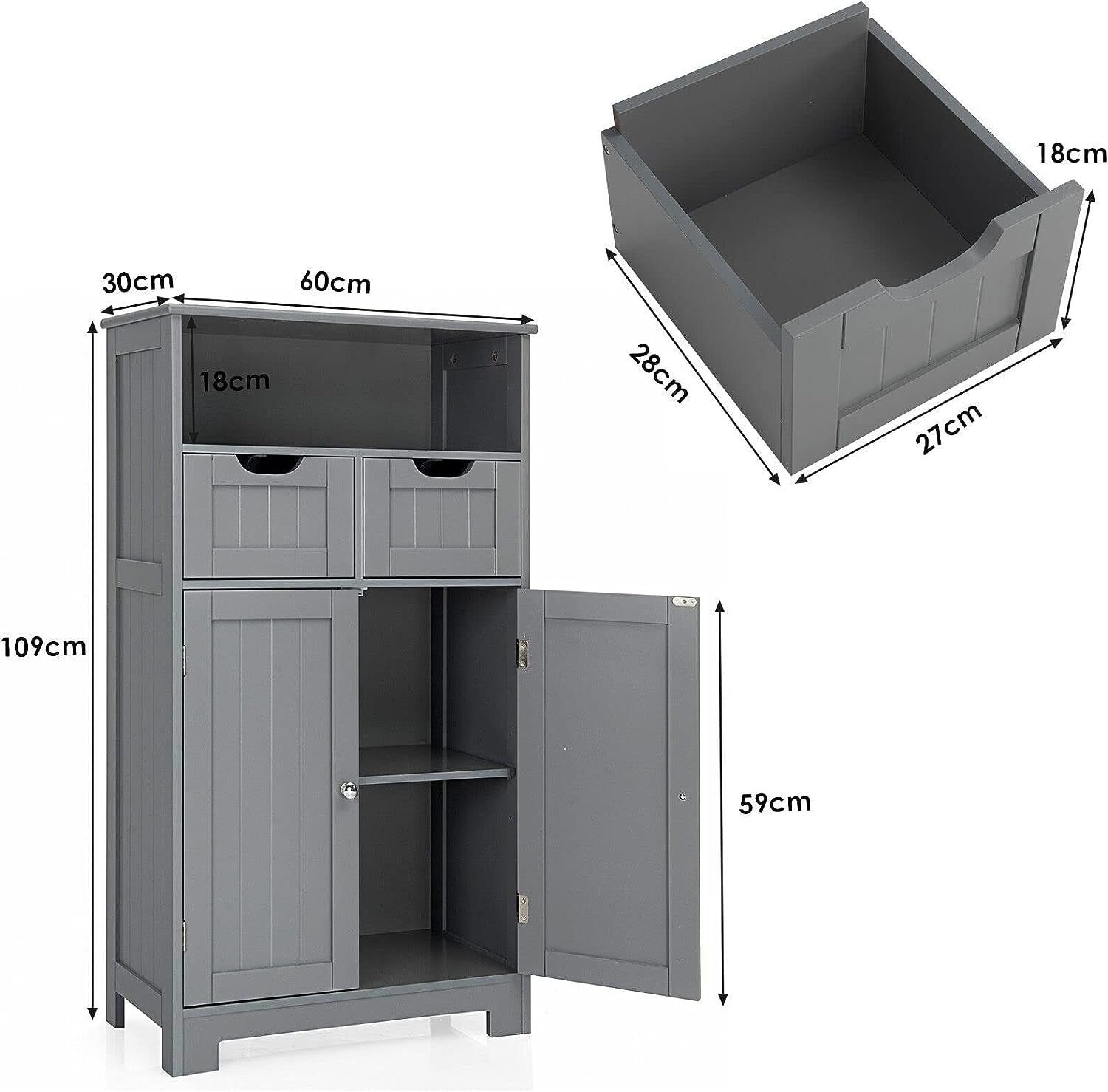 Bathroom Floor Cabinet, Storage Cabinet W/One Open Shelf Two Doors and Two Adjustable Drawers, Standing Cupboard for Kitchen, Cabinet for Living Room Bathroom Bedroom Home Office (Grey)