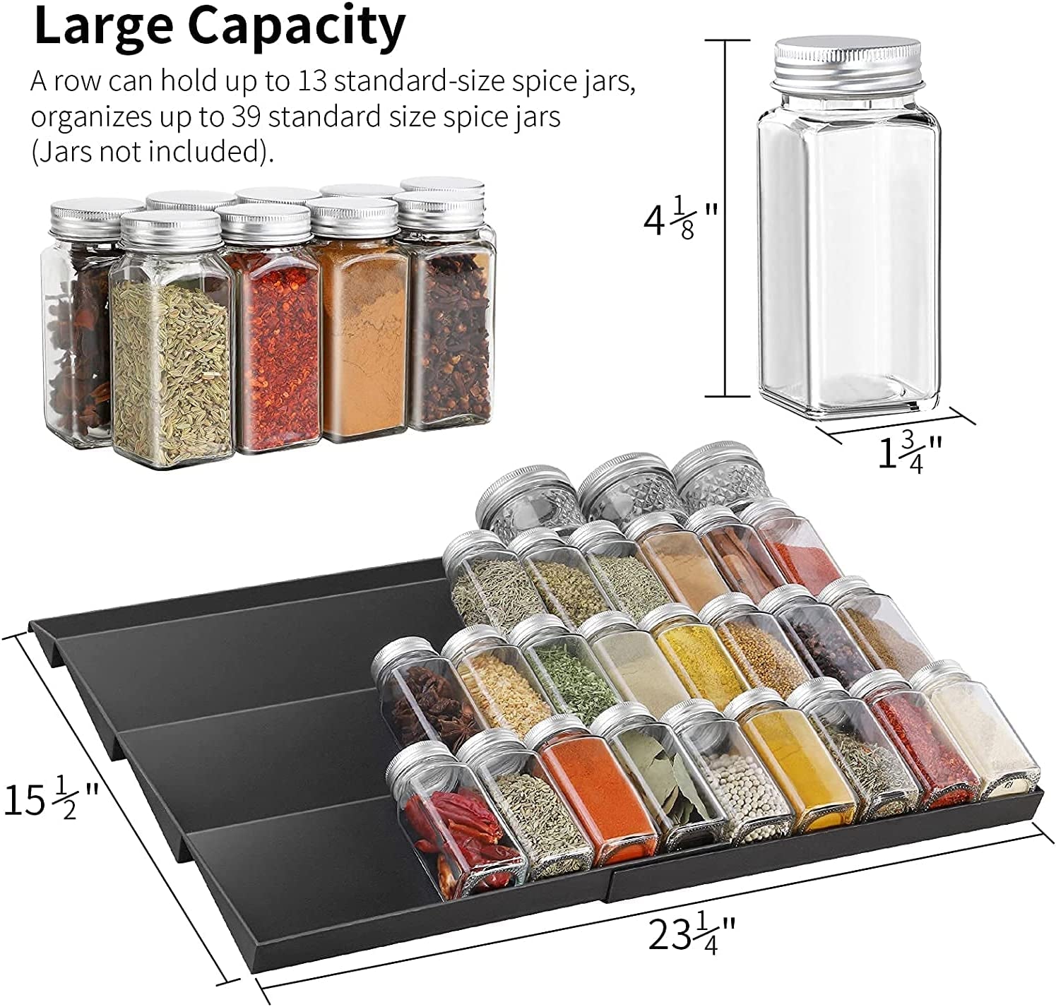 Spice Rack, Spice Drawer Organizer for Kitchen Drawer Cabinets- Adjustable 4 Slanted Tier Spice Storage Organizer Insert for Drawer Kitchen, Expands 12"To 23-1/4"W, 2 Pack Black