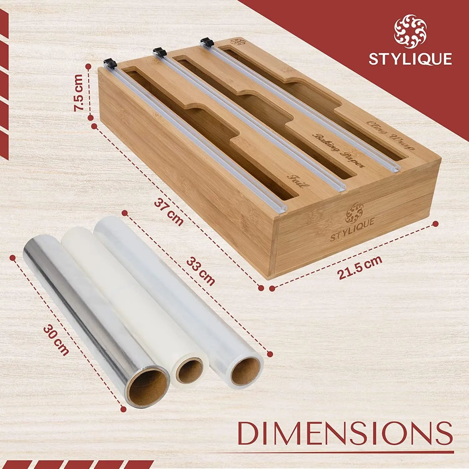 3 in 1 Cling Wrap Organiser (Aussie Sizes) for Kitchen Storage & Organisation, Cling Wrap Dispenser with Cutter for Drawer, Pantry Organiser Fits Aluminium Foil, Baking Paper, Plastic Wrap 33Cm Roll (Natural)