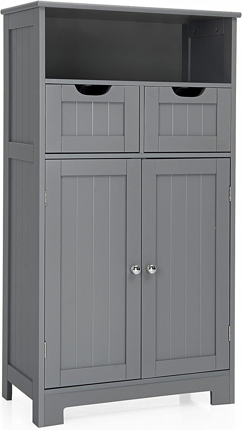 Bathroom Floor Cabinet, Storage Cabinet W/One Open Shelf Two Doors and Two Adjustable Drawers, Standing Cupboard for Kitchen, Cabinet for Living Room Bathroom Bedroom Home Office (Grey)