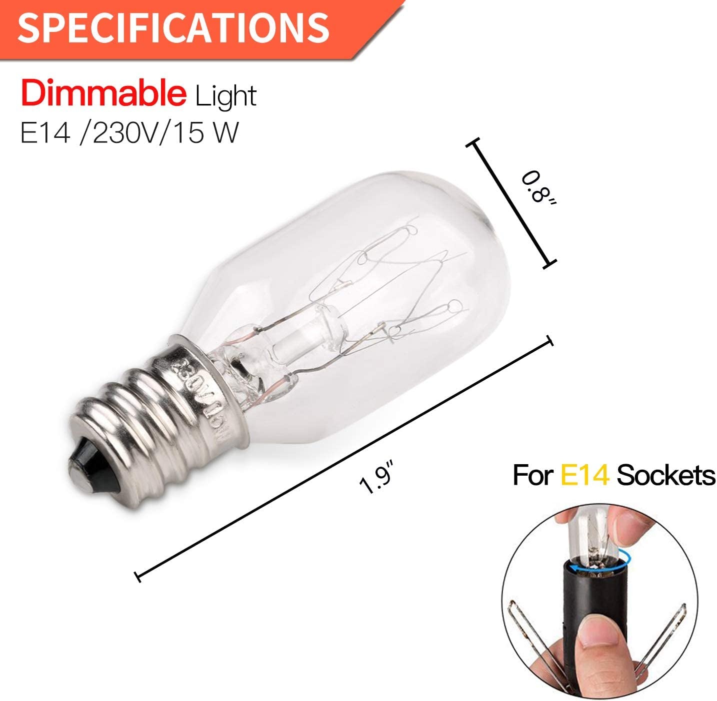 [Original Replacement] Long Lasting 15 Watt Dimmable E14 Socket Incandescent Candelabra Salt Lamp Bulb - Value Pack of 12