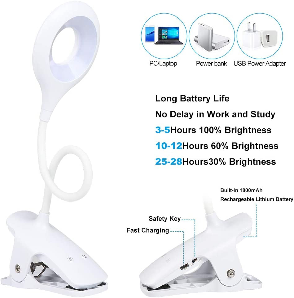 28 LED Reading Light, 9 Different Settings Eye Protect Book Light, USB Rechargeable Reading Lamp, Touch Control Clip Desk Lamp, Flexible 360° Clip Light for Home Book Bed and Computer