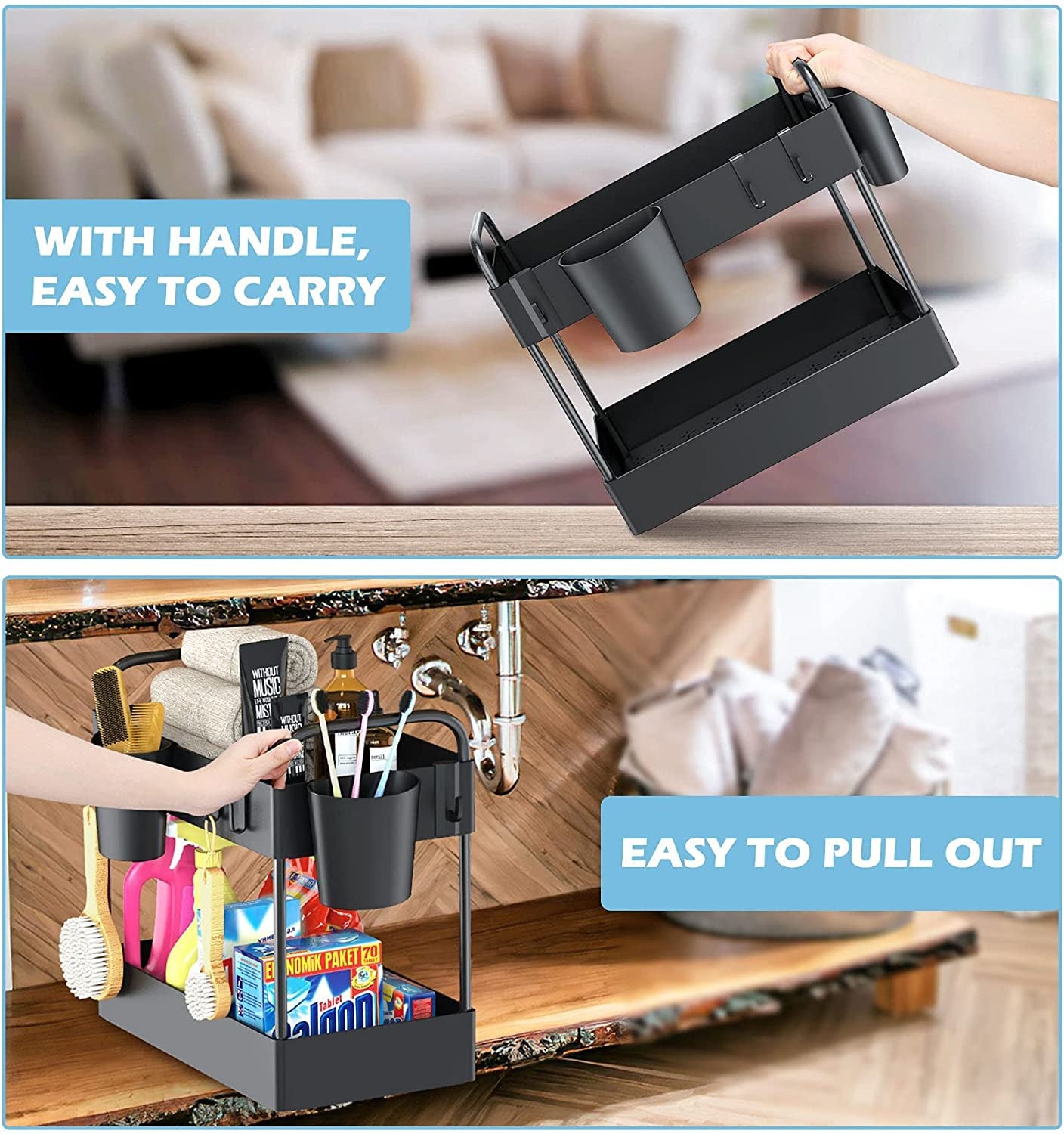 under Sink Organizer, 2 Tier Kitchen under Sink Storage Rack Bathroom Countertop Shelf Organiser with 4 Hooks 2 Hanging Cups and Anti-Foot for Bathroom Kitchen Spice Makeup Vanity Narrow Space