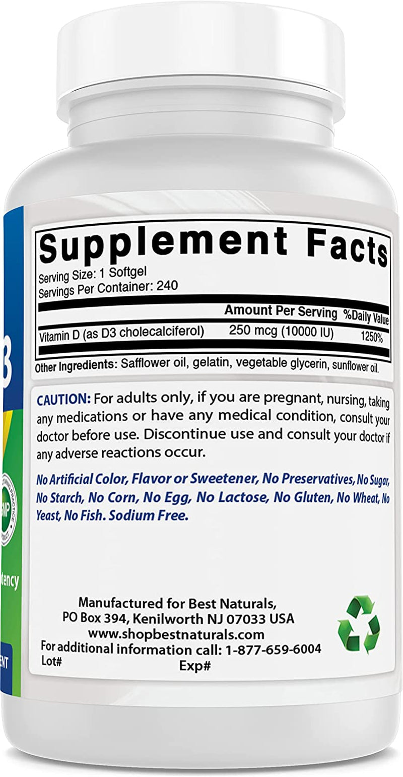 Vitamin D3 10000 IU for Stronger & Healthier Bones, 240 Count