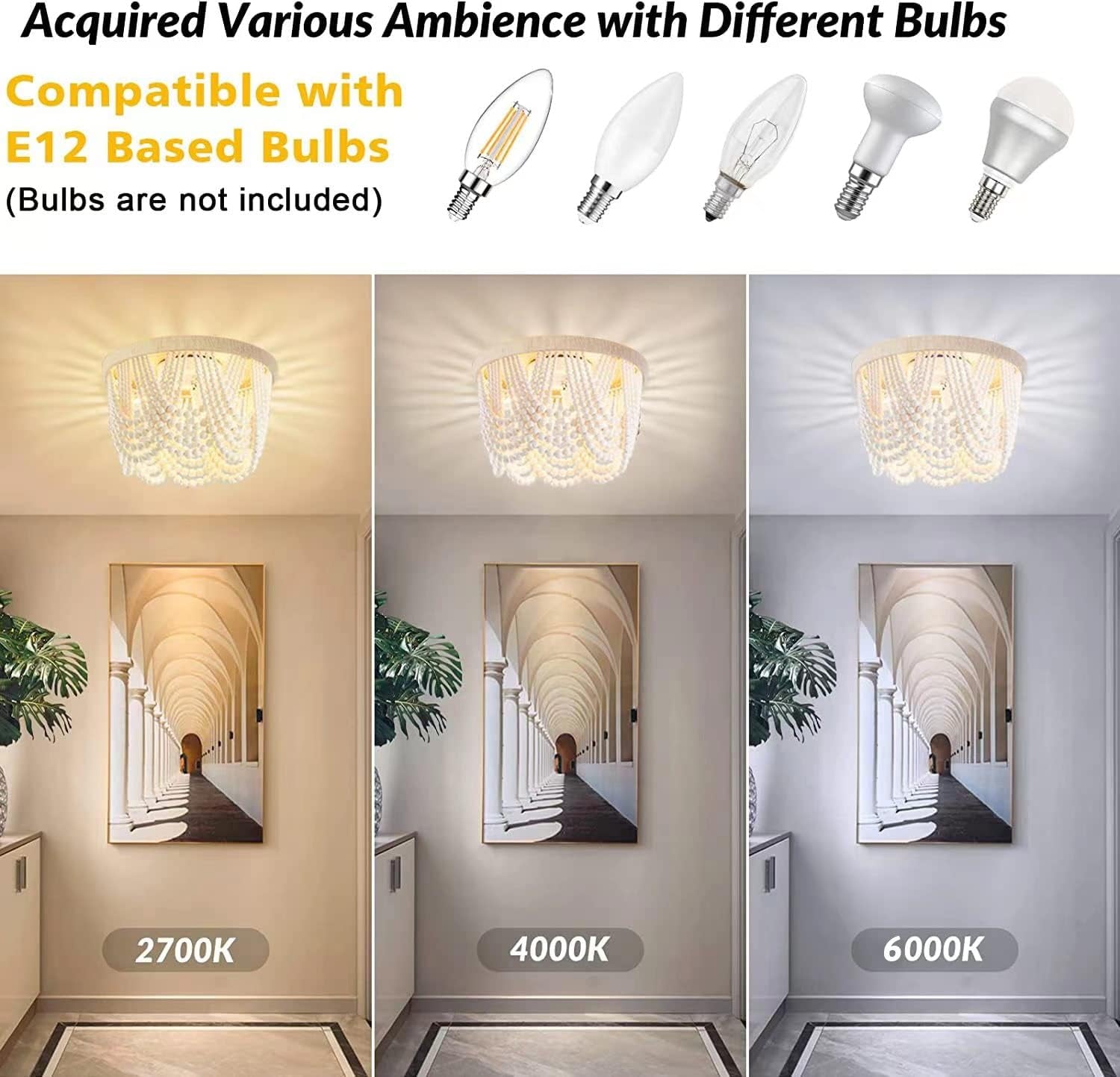 Bohemia Wood Beaded Chandelier Flush Mount Ceiling Light,Farmhouse Antique White with Hemp Rope Mini Pendant Light Fixture for Bedroom,Hallway, Entryway, Passway, Dining Room,3-Light