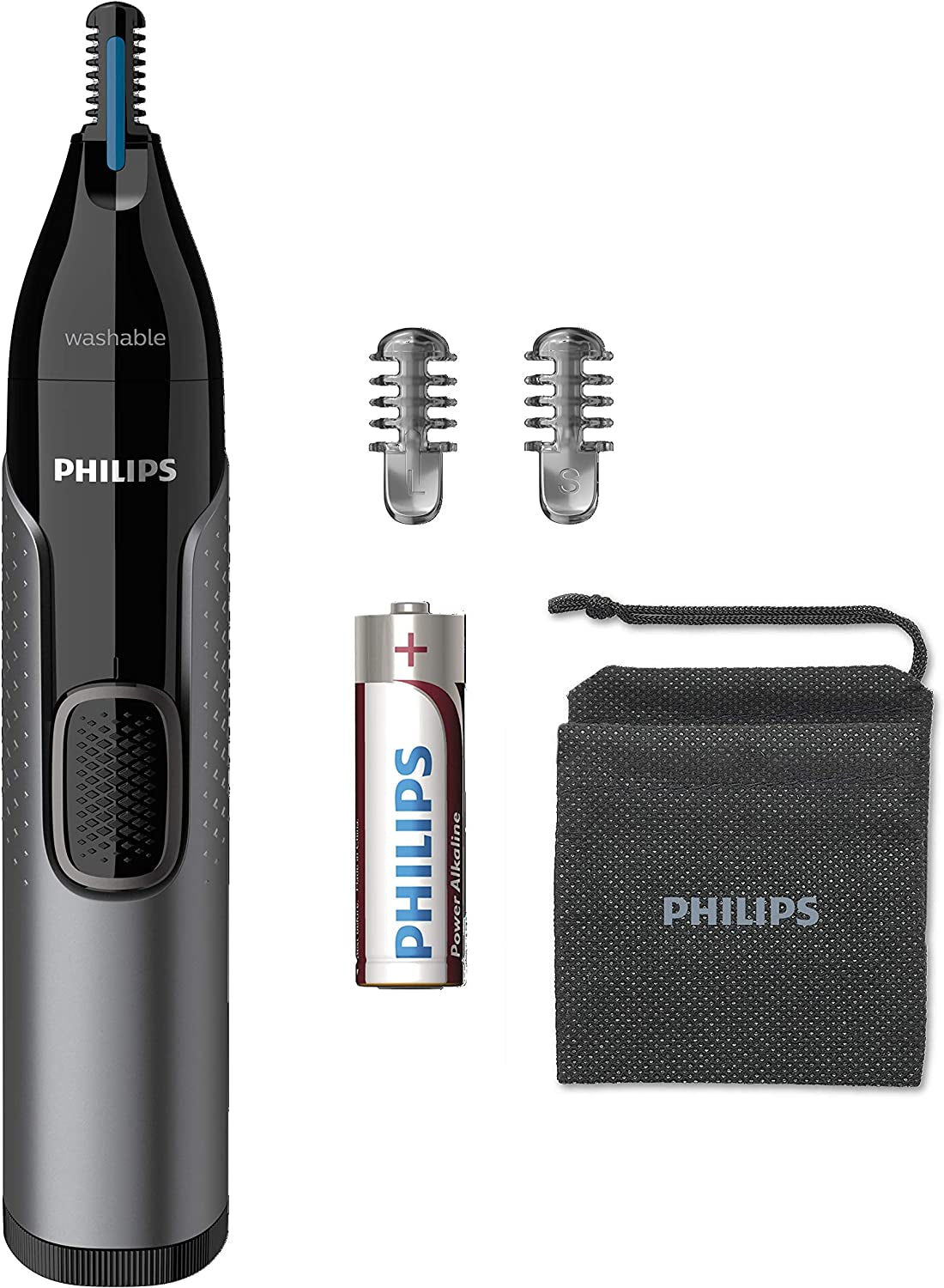 Series 3000 Ear, Eyebrow & Nose Trimmer with 2 Eyebrow Combs & Pouch, Showerproof and Fully Washable, Black & Grey, NT3650/16