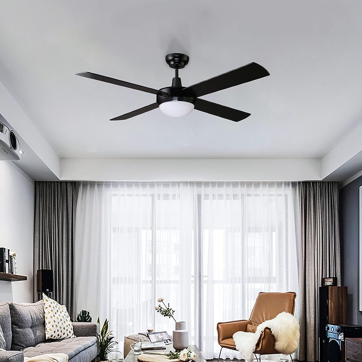 Morden Black Ceiling Fans with LED Light Kit and Remote, DC Motor 4 Reversible Blades 6 Speed, SAA Certificate- 52" (1320Mm)