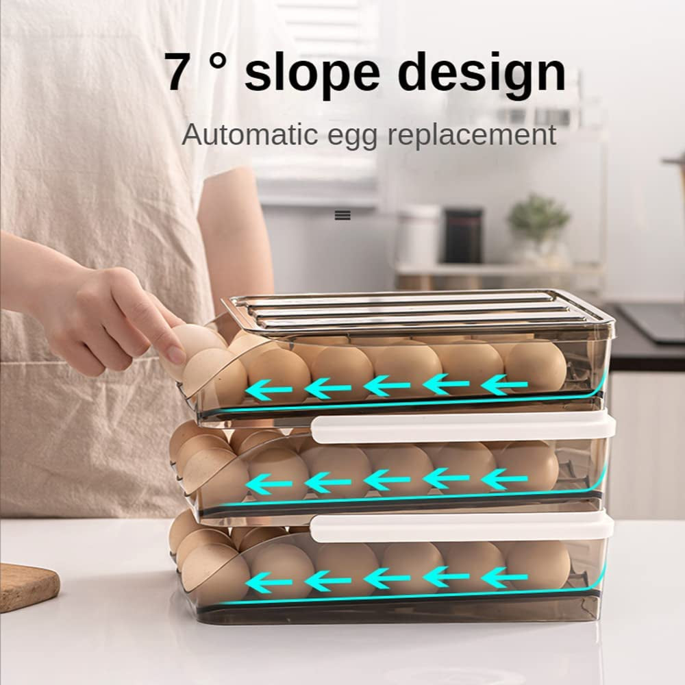Automatic Rolling Egg Tray Storage Box Kitchen Stackable Holder Storage Container with Lid for Refrigerator Large Capacity Household Egg Fresh Tray Fridge Dispenser Organizer Bin Transparent (3-Tier)