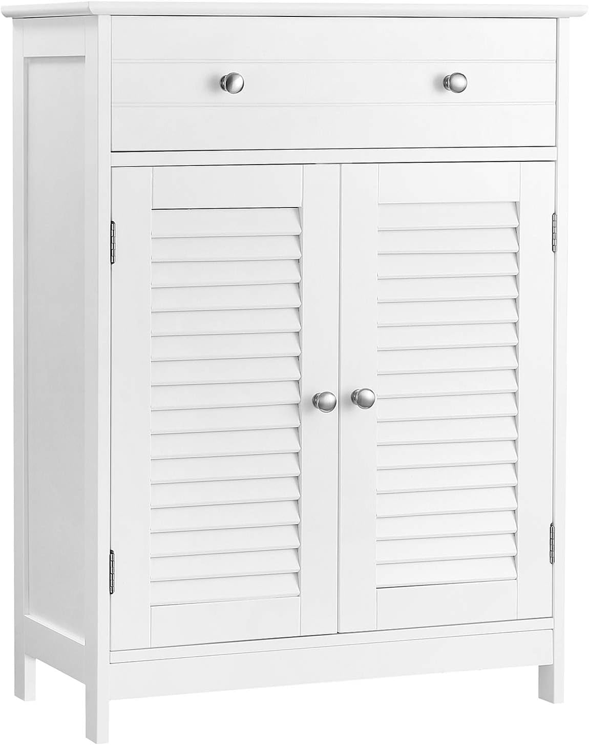 BBC51WT Bathroom Cabinet, 60 X 30 X 80 Cm, Storage Cabinet with 2 Slat Doors, Drawer, Adjustable Shelf, Scandinavian Style, Matt White