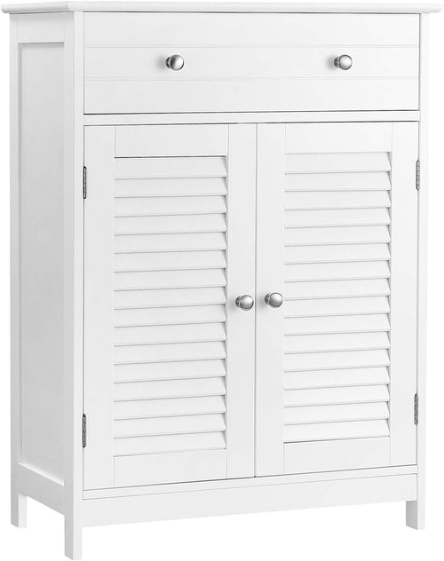 BBC51WT Bathroom Cabinet, 60 X 30 X 80 Cm, Storage Cabinet with 2 Slat Doors, Drawer, Adjustable Shelf, Scandinavian Style, Matt White