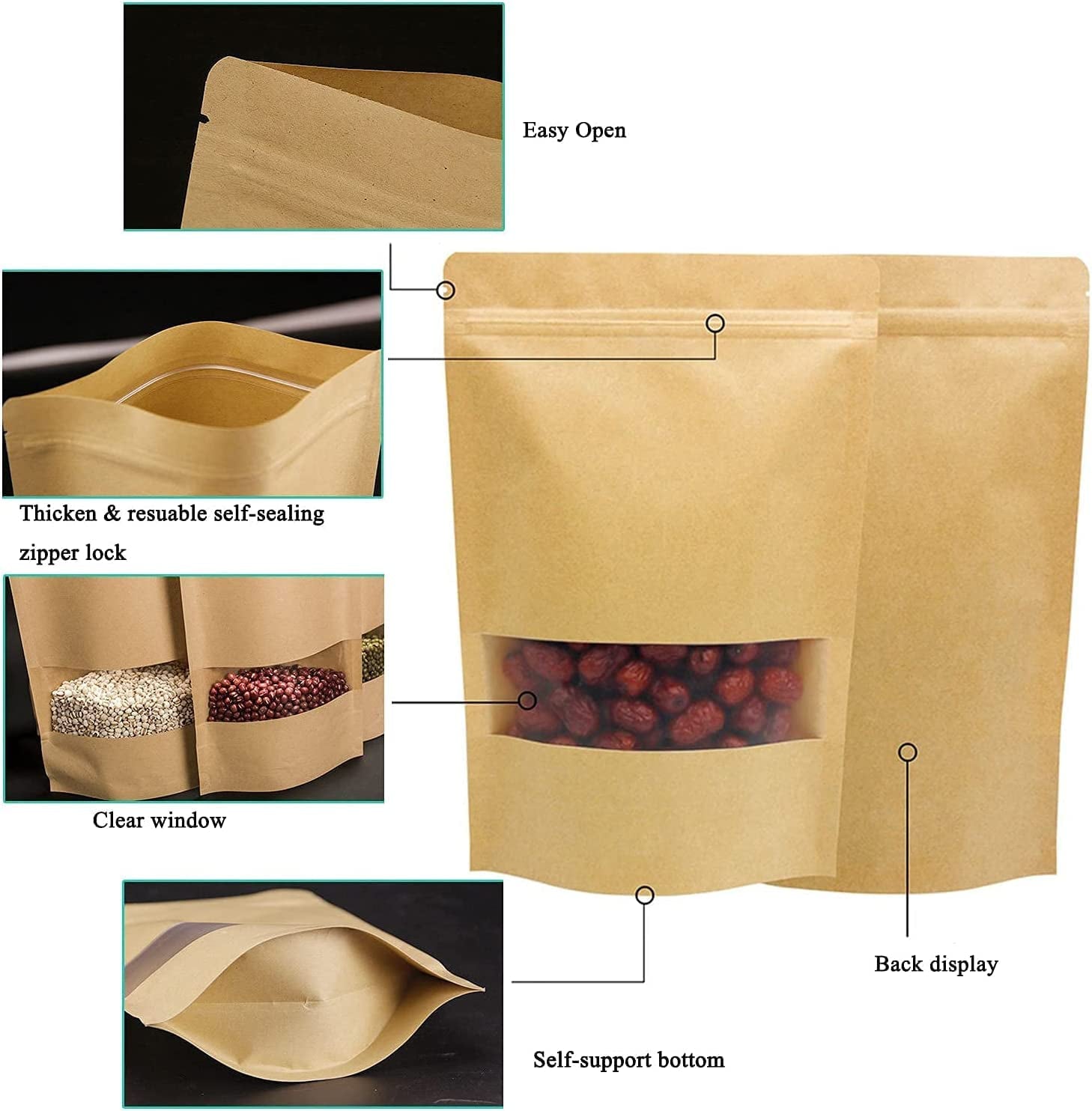 100 Pcs 12X20Cm Kraft Paper Treat Bags with Window, Ziplock Stand up Pouches for Packing Food Cookies Snacks