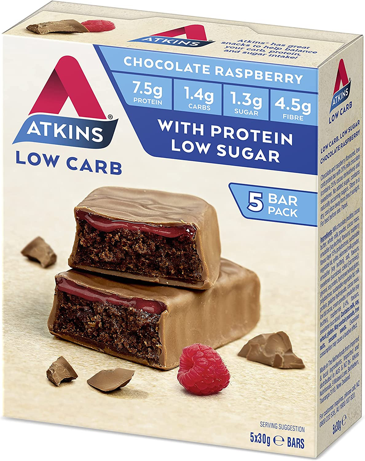 Chocolate Raspberry Bars | Keto Friendly Bars | 5 X 30G Low Carb Chocolate Bars | Low Carb, Low Sugar, High Protein, High Fibre | 5 Bar Pack