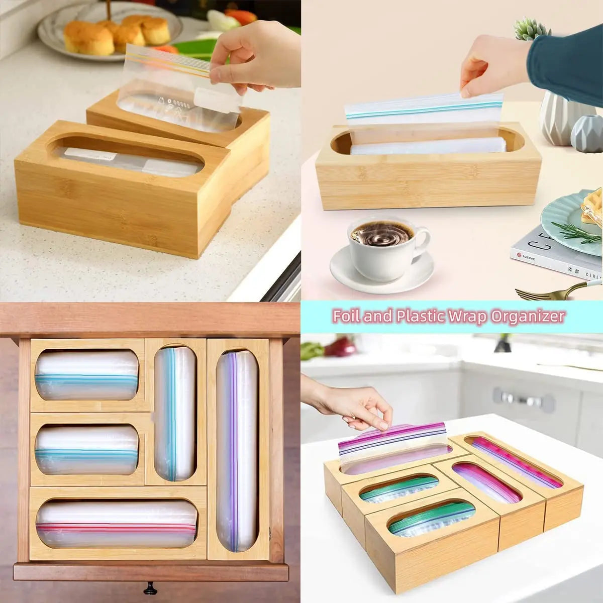 5 Pack Bamboo Storage Bag Organizer Food Storage Bag Organizer Holders Kitchen Drawer Dispenser Compatible with Gallon, Quart, Sandwich, Snack, Candy Variety Size Bags