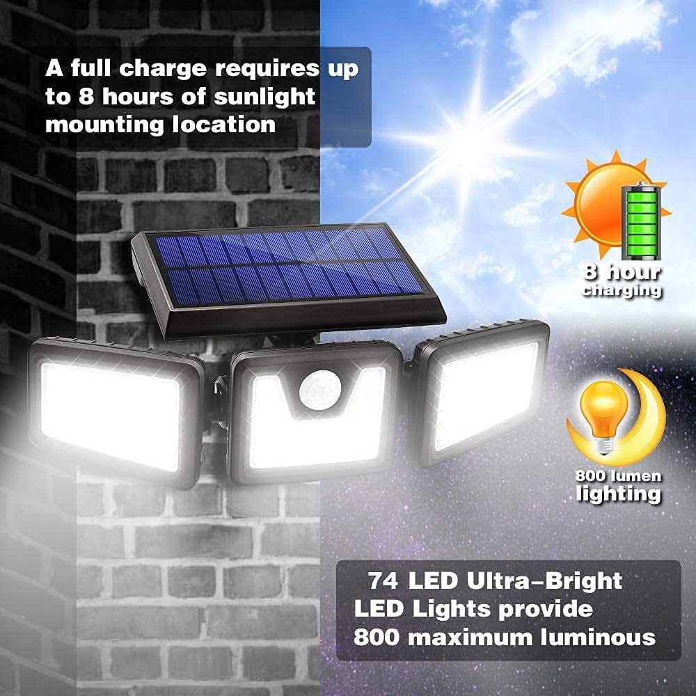Solar Lights Outdoor - 800Lumens 74 LED Wireless Motion Sensor Light,3 Adjustable Heads,270°Wide Angle Illumination,Ip65 Waterproof, Security LED Flood Light for Porch Garden Patio Driveway Pathway