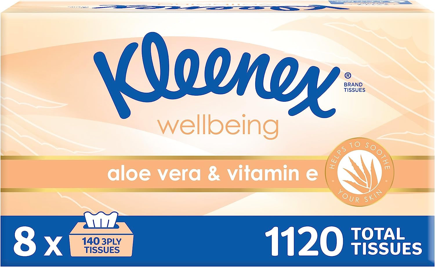 Aloe Vera & Vitamin E 3 Ply Facial Tissues 1120 Count (8 X 140 Pack) - Packaging May Vary