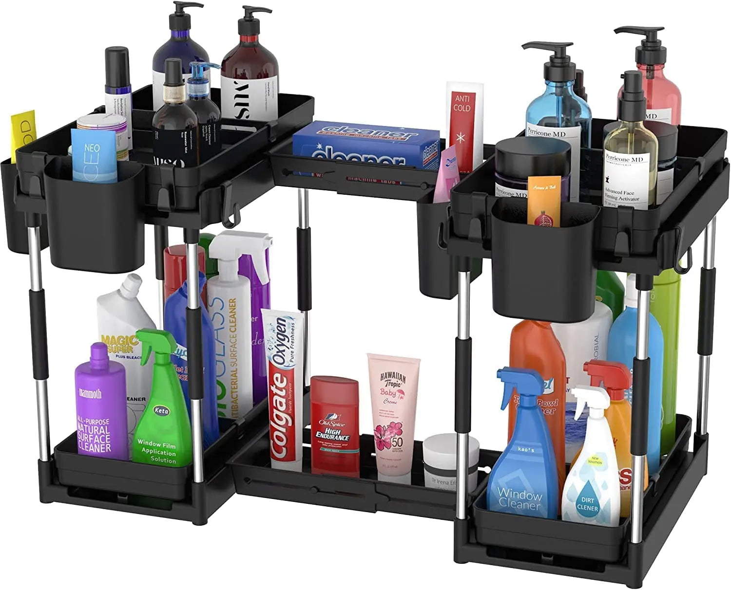 Double Sliding under Sink Organizers and Storage - 2 Tier Pull Out under Kitchen Cabinet Organizer W 4 Hanging Cup,8 Hooks,4 Dividers, under Counter Sink Organization for Bathroom, Adjustable H and W