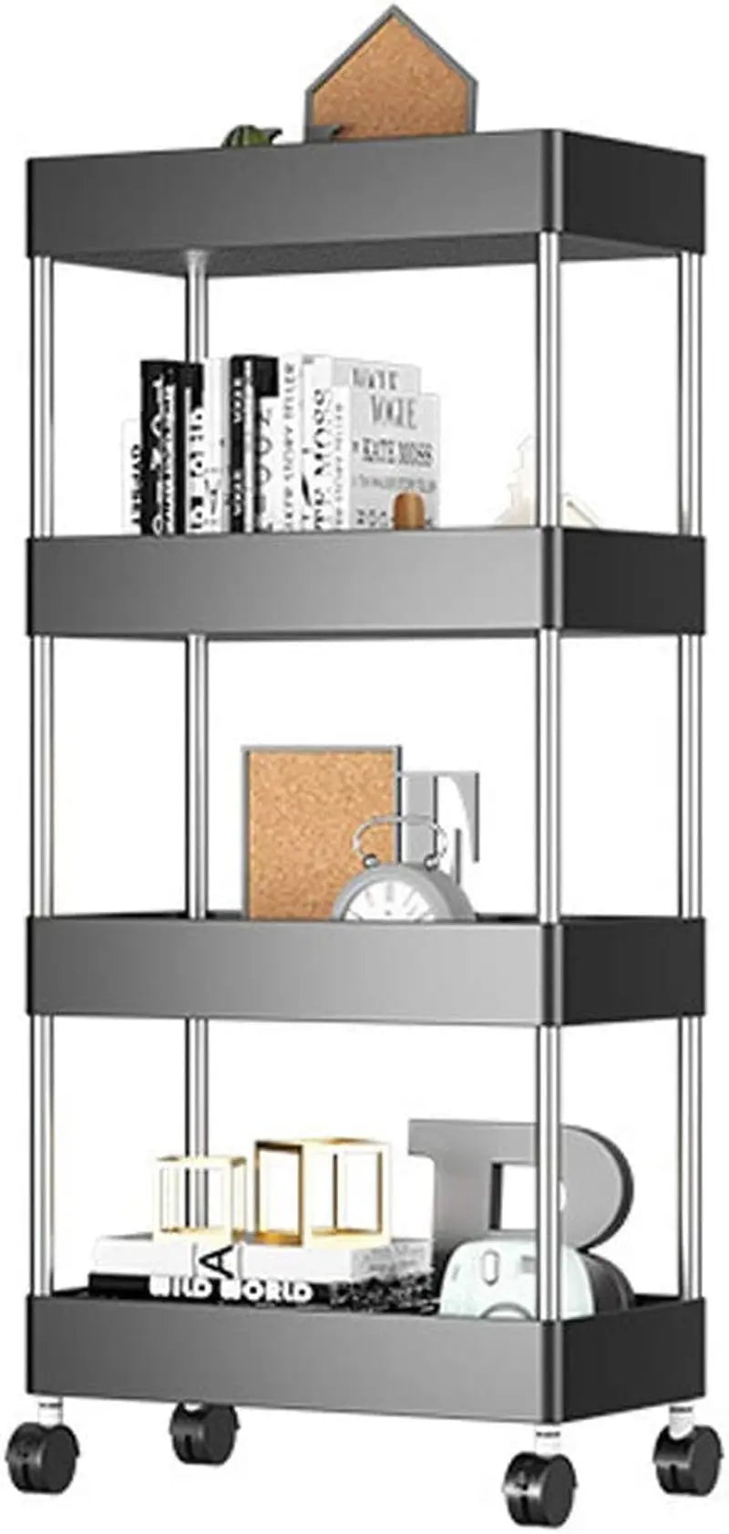 Slim Storage Cart with Wheels, 4 Tier Bathroom Storage Organizer Rolling Utility Cart Mobile Shelving Unit for Bathroom Kitchen Laundry Room Office Narrow Place (Black)