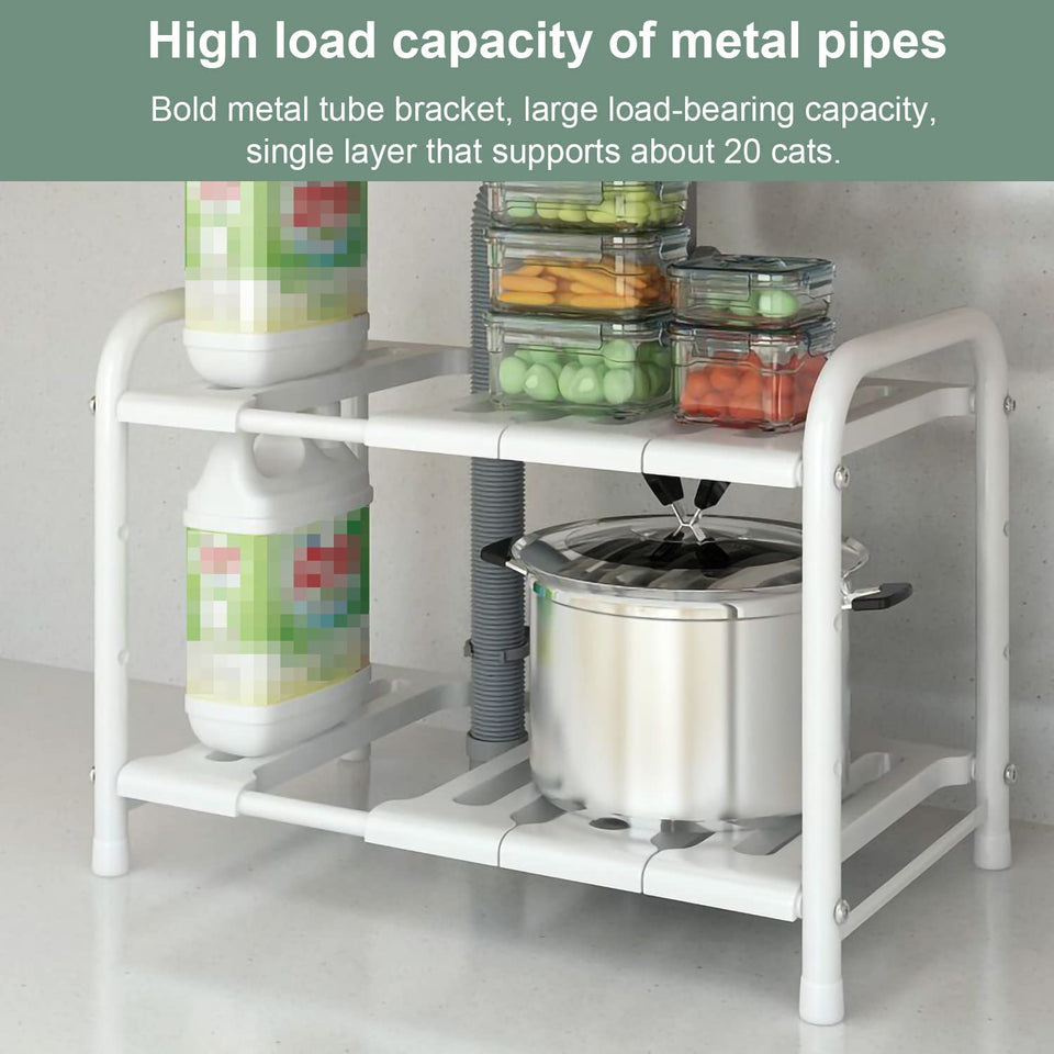 under Sink Shelf,2-Tier Adjustable and Expandable under Sink Organizer,Stainless Steel Sink Storage Rack,Multifunctional Drain Rack,Shelf for Kitchen,Pantry,Plates,Bathroom,Drawers and Cabinets (White)