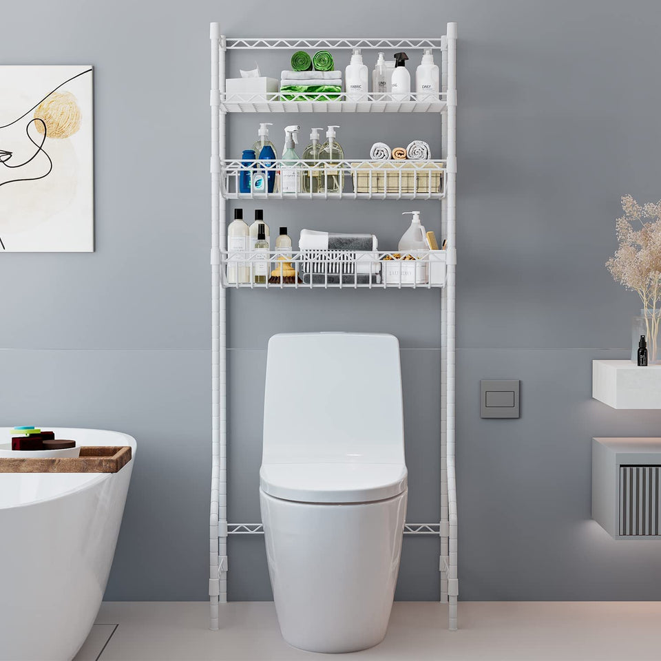 Over the Toilet Storage, 3-Tier Bathroom Rack for Space Saver,Heavy Duty Corner Stand Storage Organizer Accessories Sturdy Anti-Tilt Adjustable Bathroom Cabinet with 2 Baskets (White, 3-Tier)