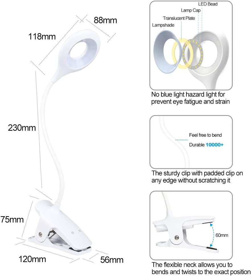 28 LED Reading Light, 9 Different Settings Eye Protect Book Light, USB Rechargeable Reading Lamp, Touch Control Clip Desk Lamp, Flexible 360° Clip Light for Home Book Bed and Computer