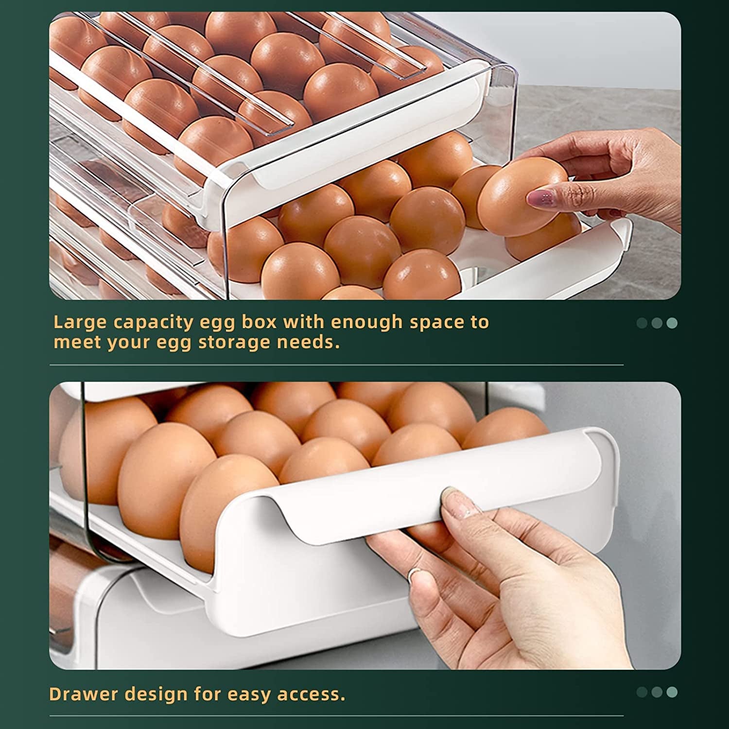 Egg Container for Refrigerator, Double-Layer 32 Grid Egg Holder Egg Tray, Refrigerator Egg Storage Tray Egg Holder Container Drawer, Stackable Clear Egg Organizer Storage Box (White)
