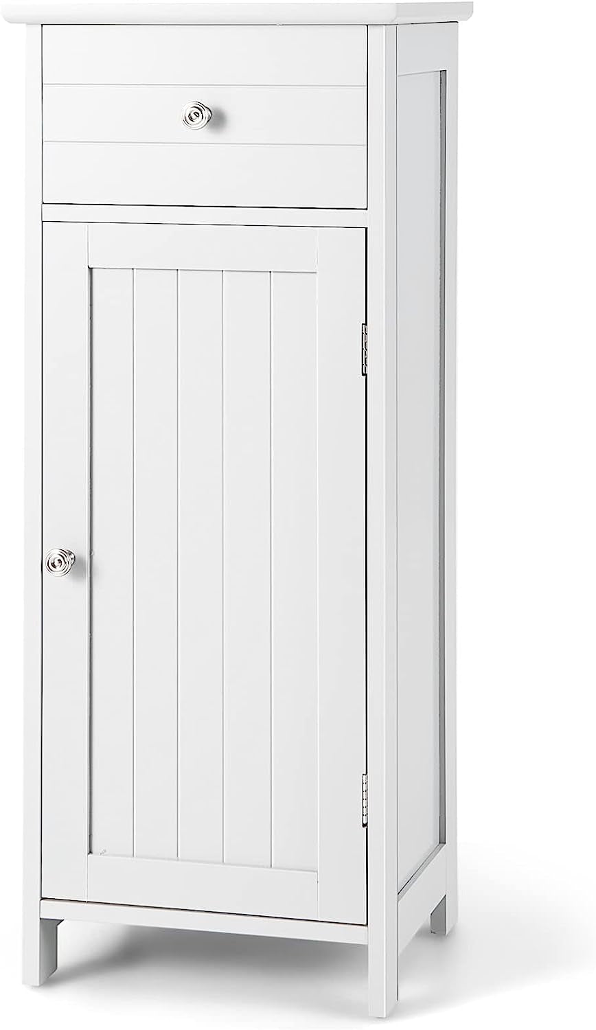 Bathroom Floor Cabinet, Storage Cabinet with Single Door, Pull-Out Drawer, 3-Position Adjustable Shelf, Anti-Topping Device, Side Storage Organizer for Bathroom Living Room Entryway, White