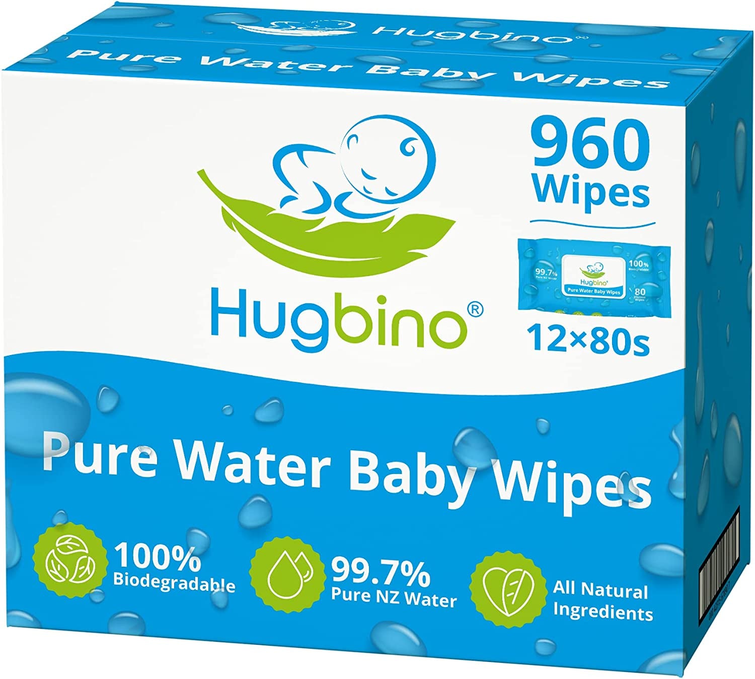 Baby Wipes Bulk Pack 12 X 80Pk - Fragrance Free - Pure NZ Wet Water Wipes - Waterwipe for Baby