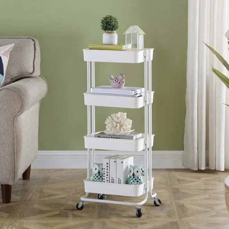 4 Tier Organizer Kitchen Moving Island with Wheels,Spice Rack Organizer with Handle Trolley,Pantry Organizer Shelf Storage Rack,Bathroom Laundry Trolley - White
