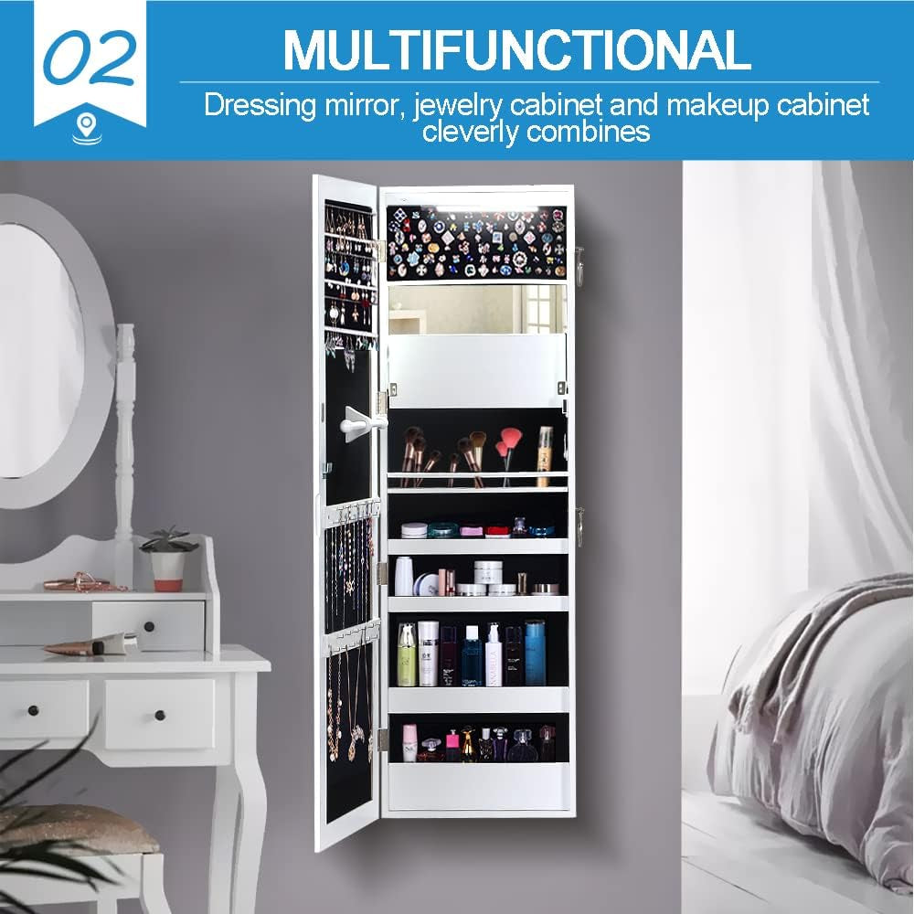 Dual Use Wall Mounted Hang over Mirror Jewellery Cabinet LED Light White